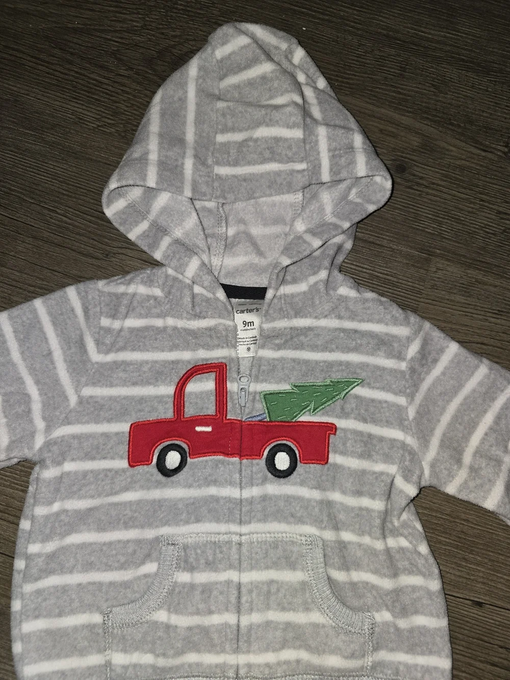 Carter's Gray & White Striped Hoodie with Red Truck Applique
